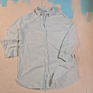 Molly Bracken L Long Shirt Blue White Striped Button Cotton Mori Kei Relaxed Fit